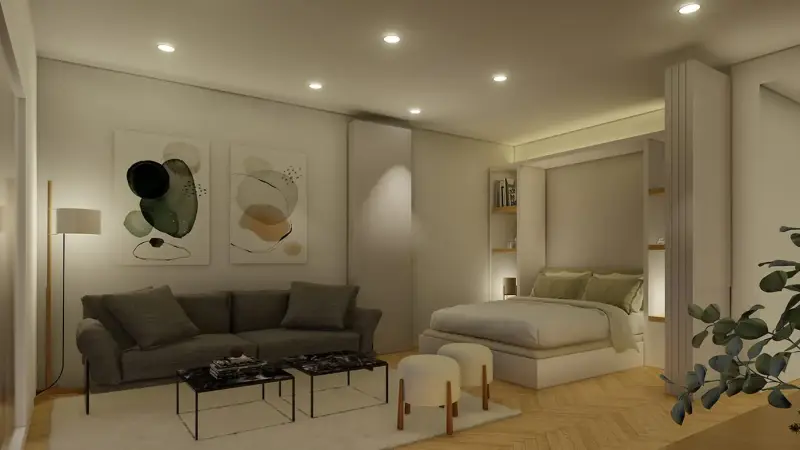 Salón amueblado al anochecer en una vivienda de The Sunset Ibiza, Cala de Bou